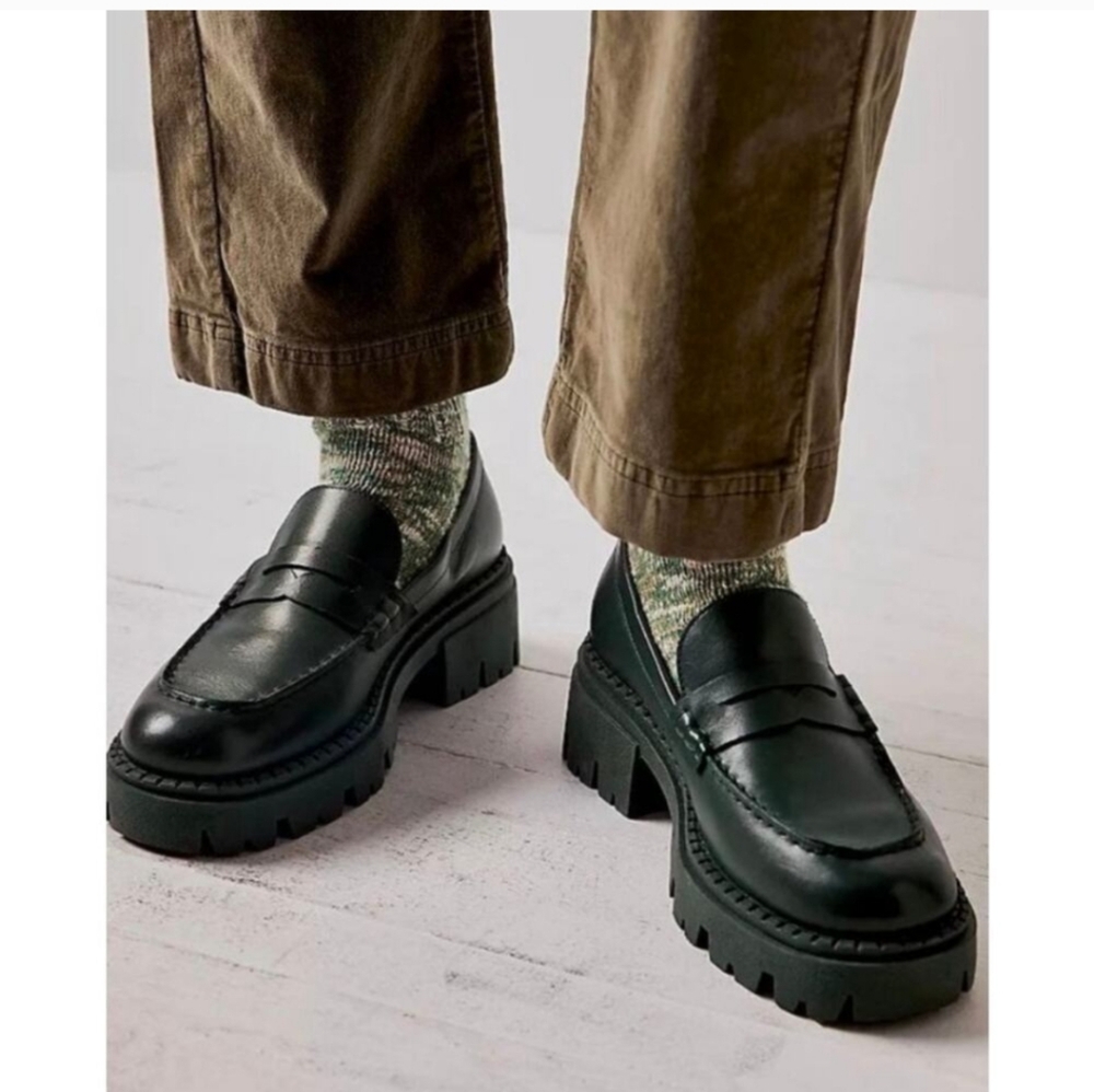 Free People Chunky Green Leather Penny Loafers